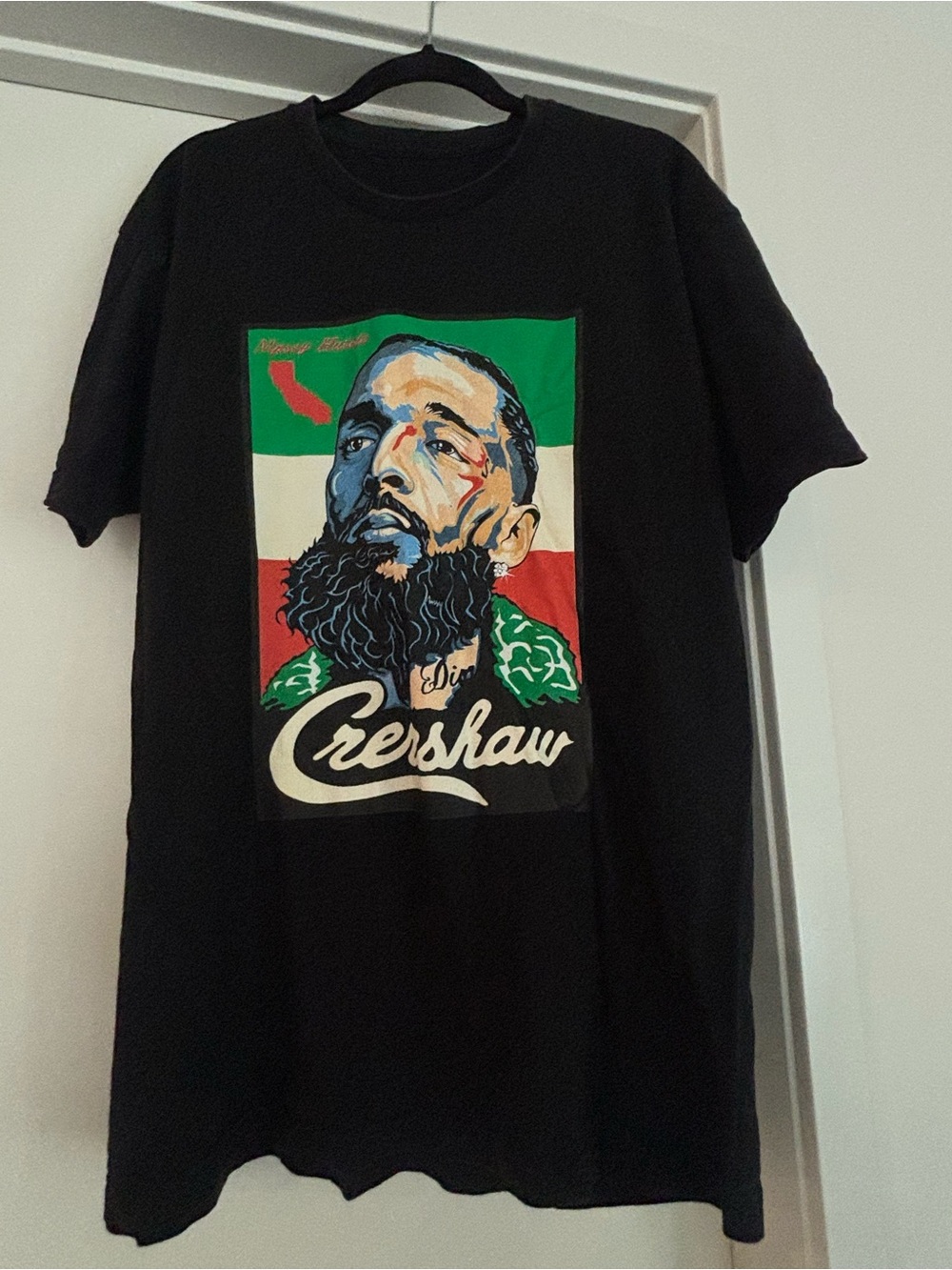 Black Graphic Crewneck T-Shirt with Multicolor Portrait Print